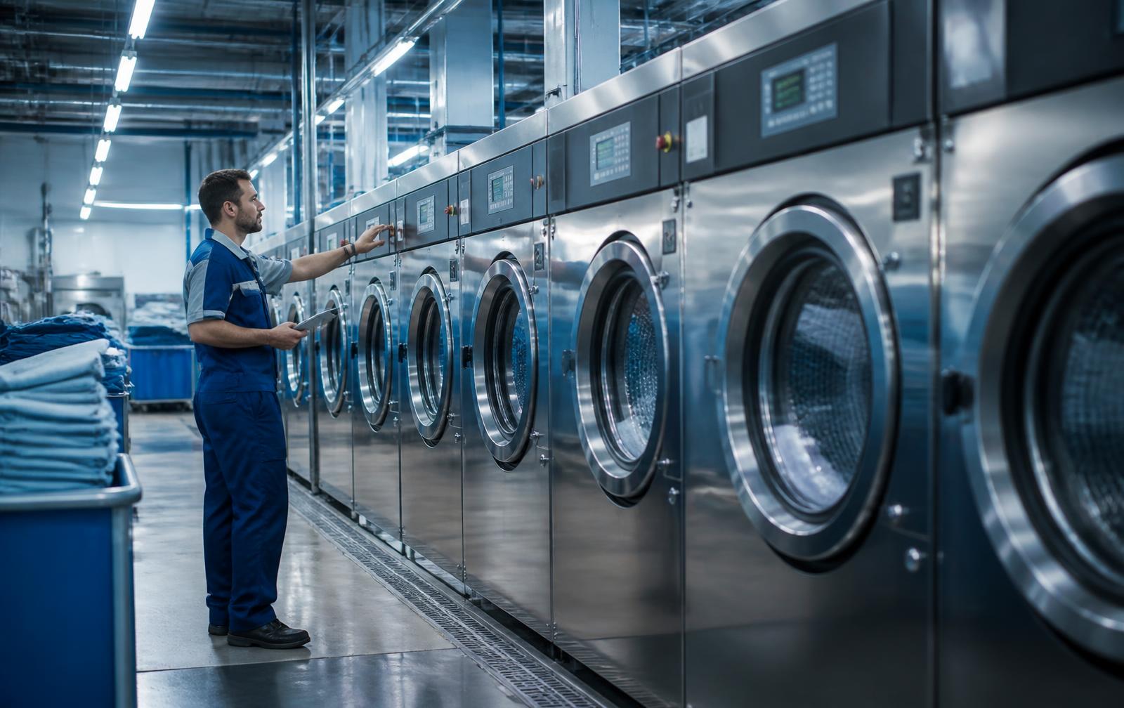 Lavatrici industriali allineate in una lavanderia professionale